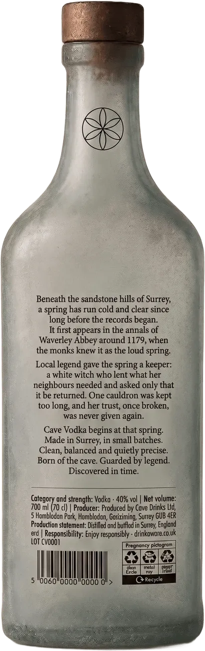 The back of the Cave Vodka bottle, carrying the legend and the label copy: 40% vol, 70cl, made in Surrey, England
