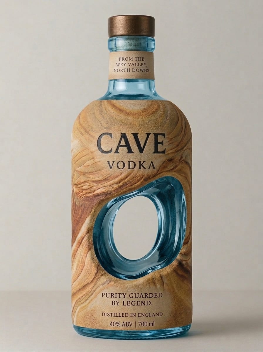 Cave Vodka bottle, sandstone-textured label, 40% ABV, 700ml (placeholder render)